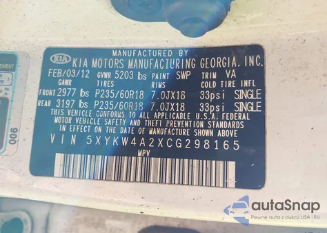 2012 Kia Sorento Sx V6 из США, поврежденный, VIN 5XYKW4A2XCG298165